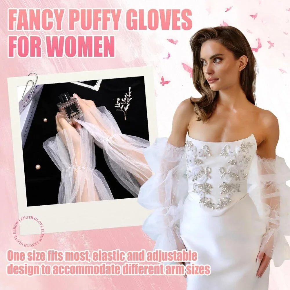 Women's White Long Lace Sheer Stretchy Puffy Ruffled Tulle Detachable Gloves